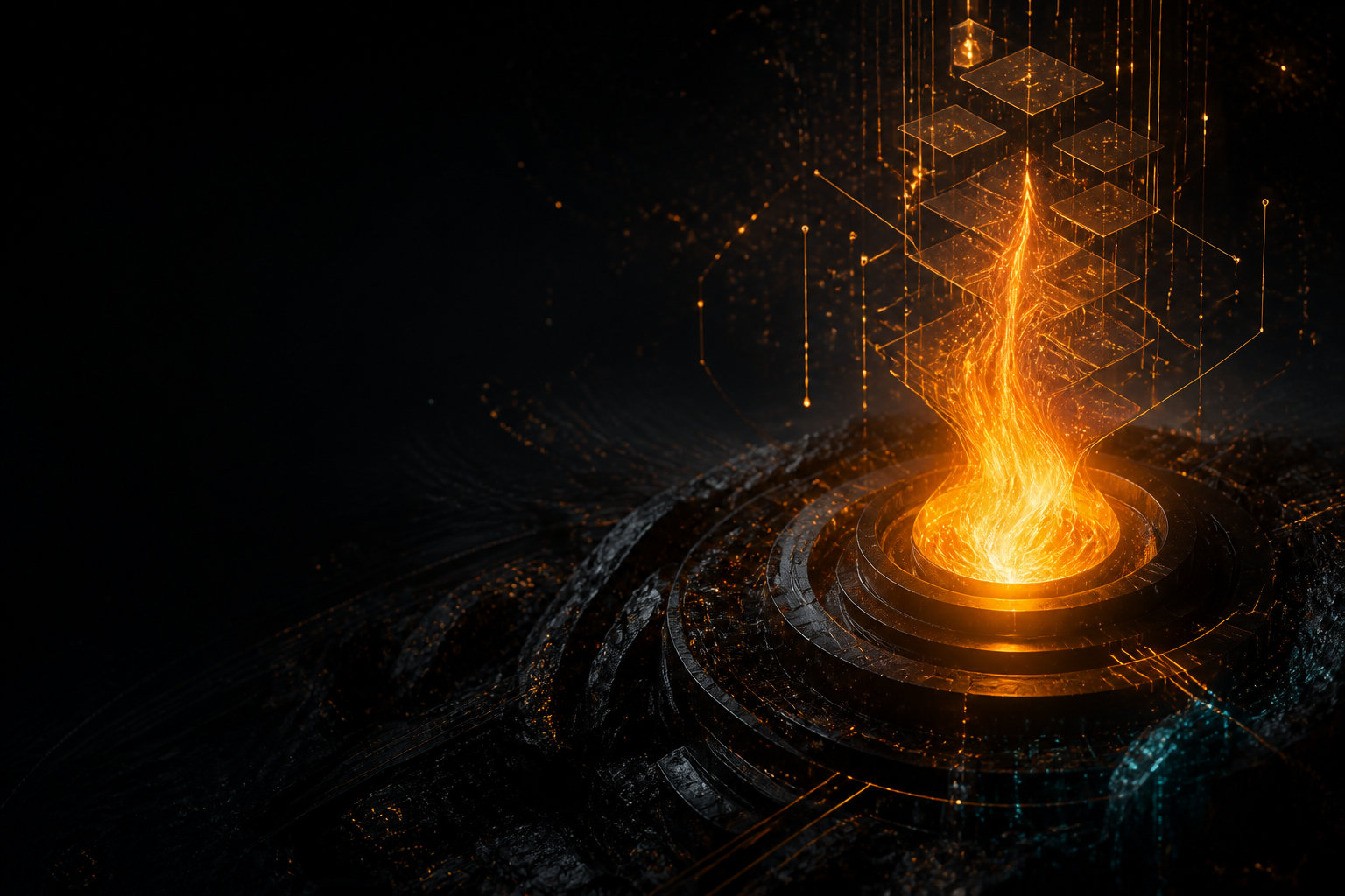 Abstract flame core surrounded by geometric compute layers